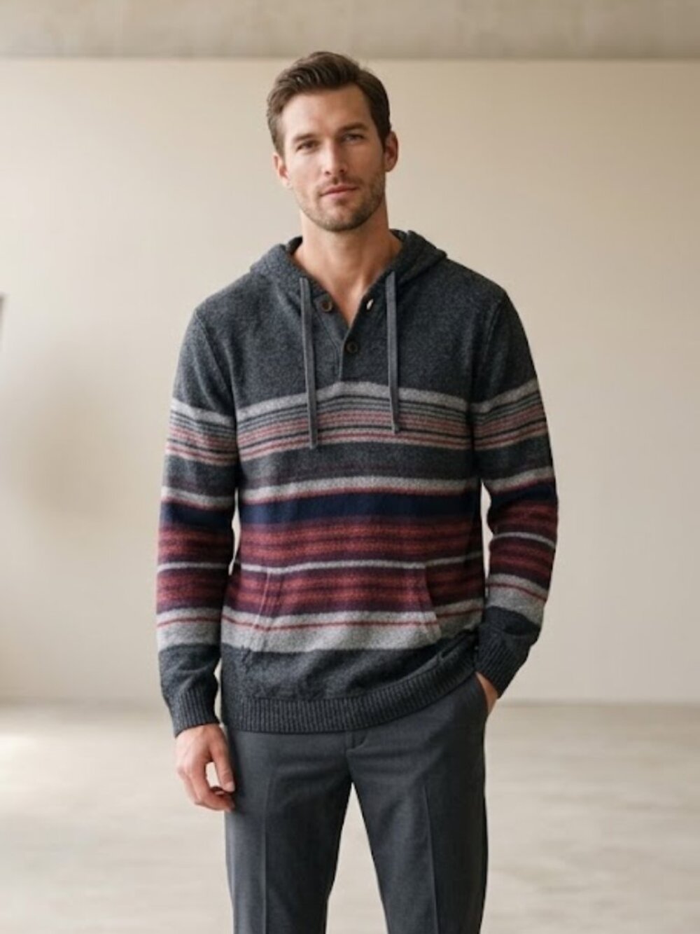 American Eagle Men's Size XL Gray Striped Hooded Henley Long Sleeve Shirt